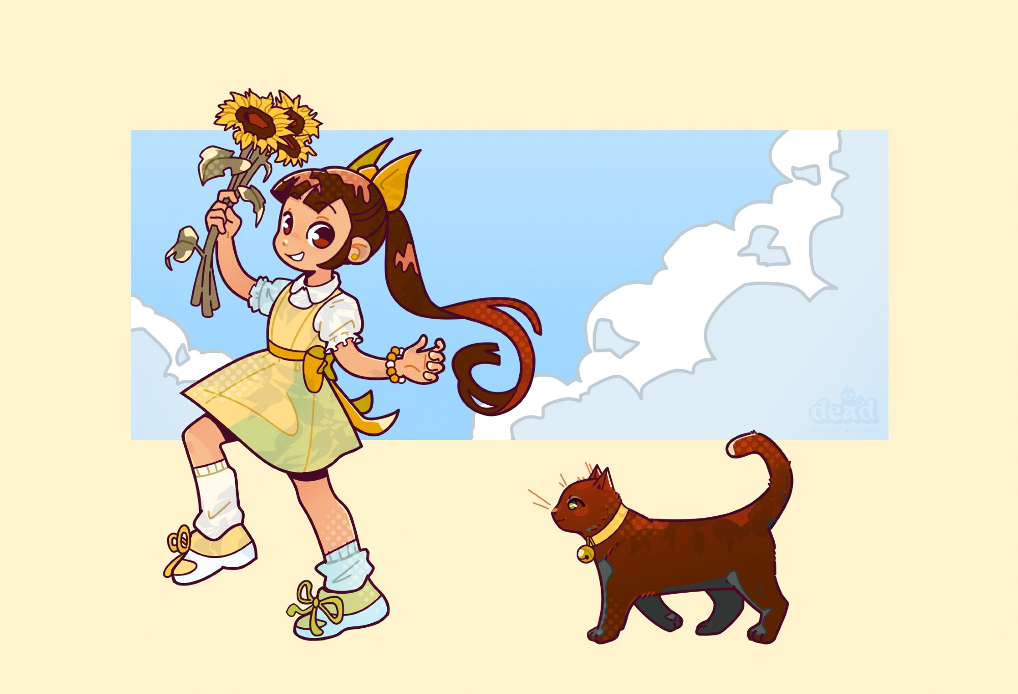 Digital illustration of a girl in a yellow dress skipping. She’s holding a bundle of sunflowers in her hand, and looking behind herself to a large cat trotting along behind her. The background is solid yellow, with a blue sky rectangle filled with cumulus clouds.