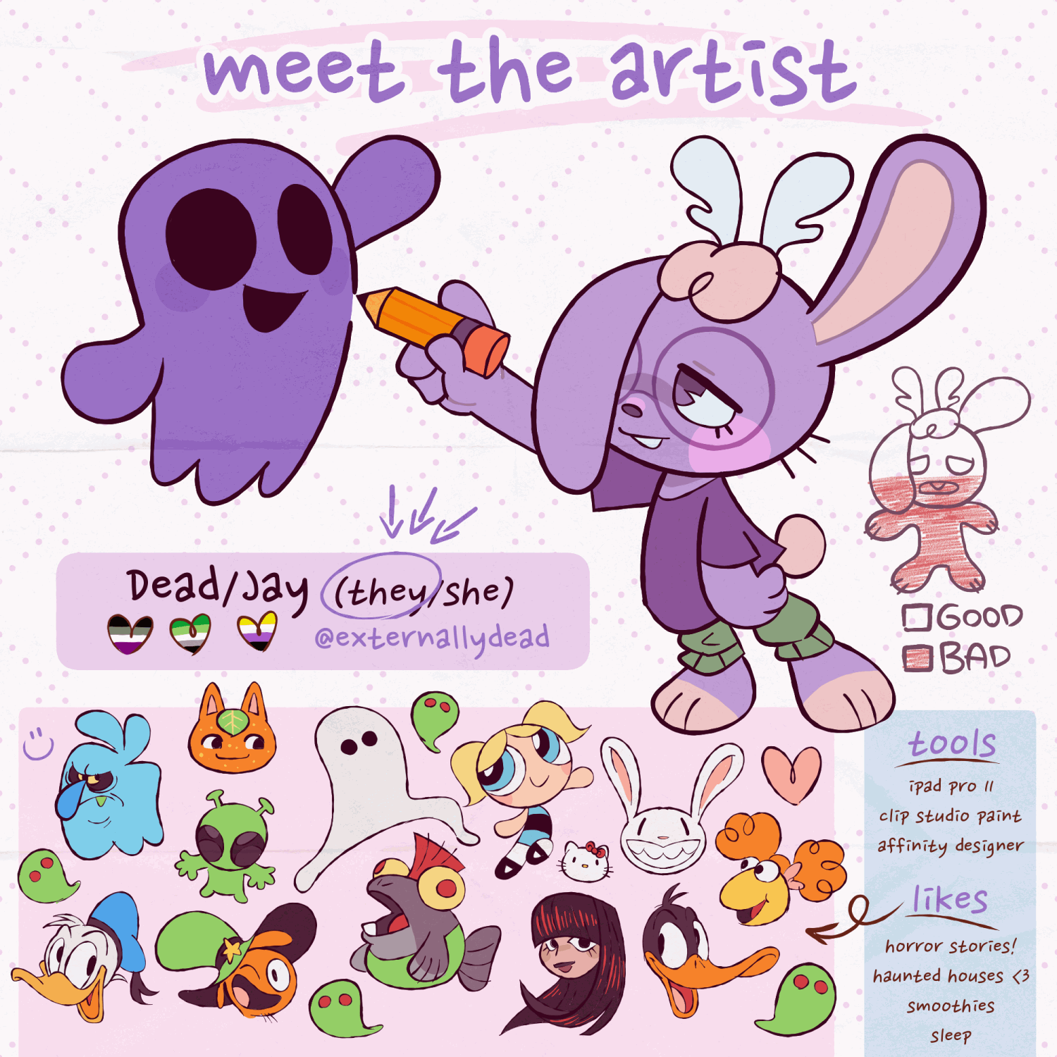 a 'meet the artist' graphic. Front and center is a drawing of Dead's sona, a short purple jackalope with one ear hanging over their face, they're drawing D.D., one of Dead's ghost mascots. Below that is a box containing the words 'Dead slash Jay. (pronouns) they slash she' along with the ace, aro, and nonbinary flags.