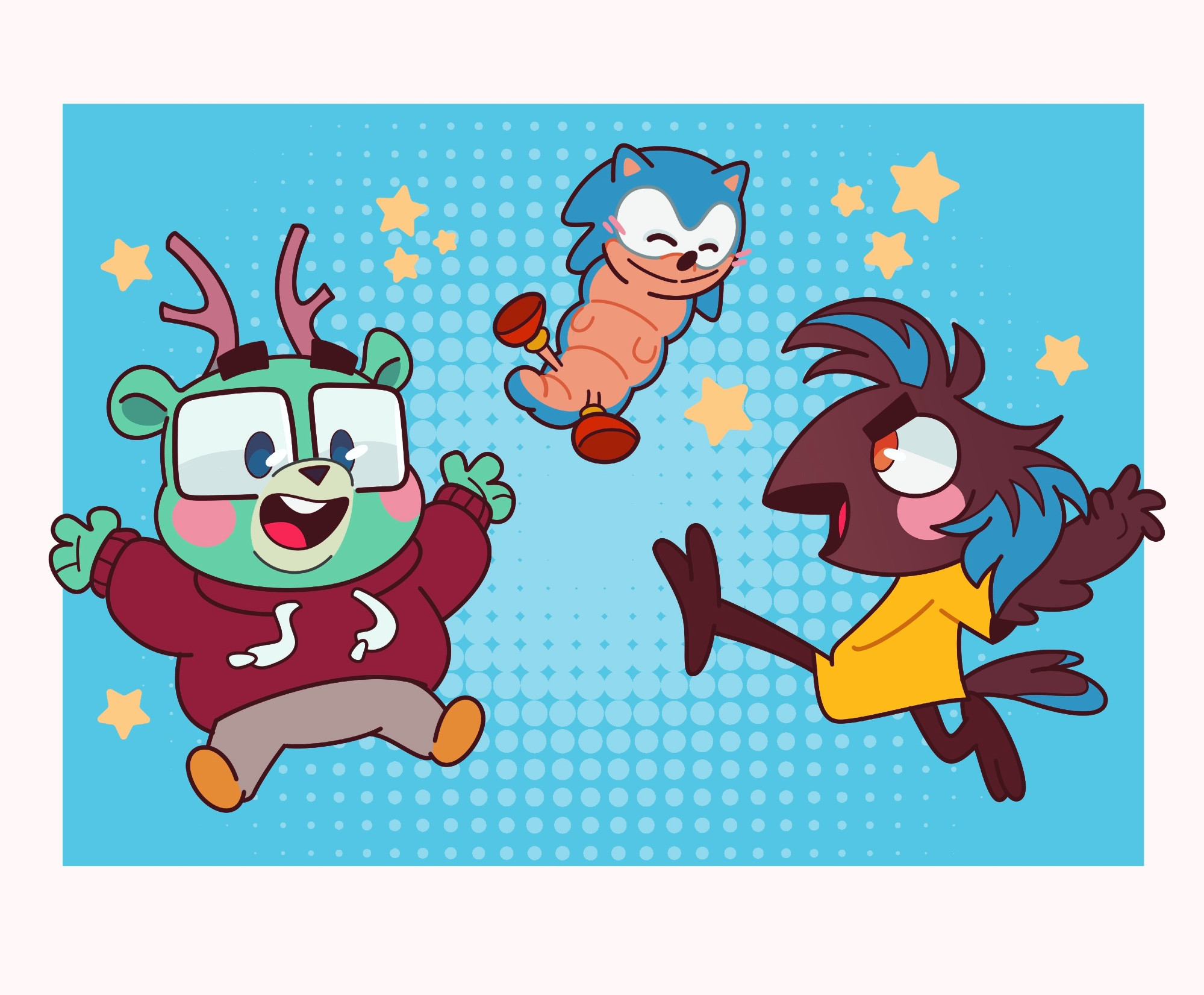 A digital illustration of Doig, Swifty, and Sonic Worm. Its drawn in a graphic style with thick mono-weight lines and bright colors. The trio are jumping/falling through the sky. Doig has his arm raised and is smiling, meanwhile Swifty is crane-kicking in her ongoing quest for destruction. Sonic Worm is just happy to be there. His little leggies dangling in the breeze.