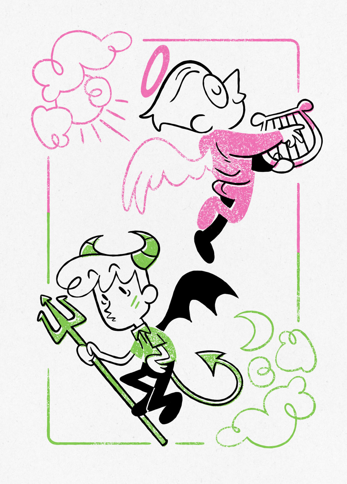 Digital mockup screen print of Angel Umbert and Devil Misterman, for the Umbert Actually! kickstarter campaign (not affiliated). The print is 3-color, pink, green, black on white paper.