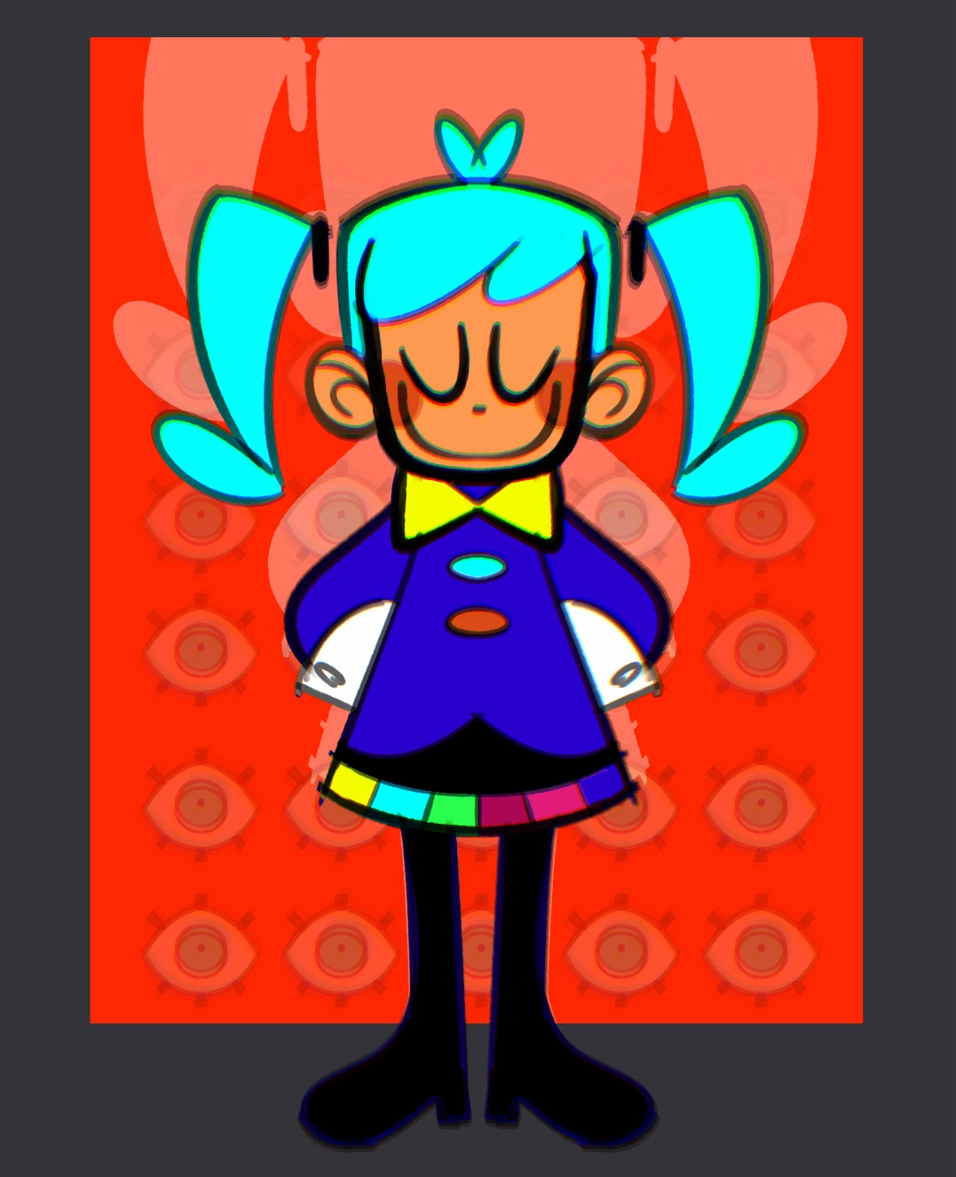 colored sketch of 'Static' Miku. Her eyes are closed and her arms are held behind her back in a peaceful gesture.