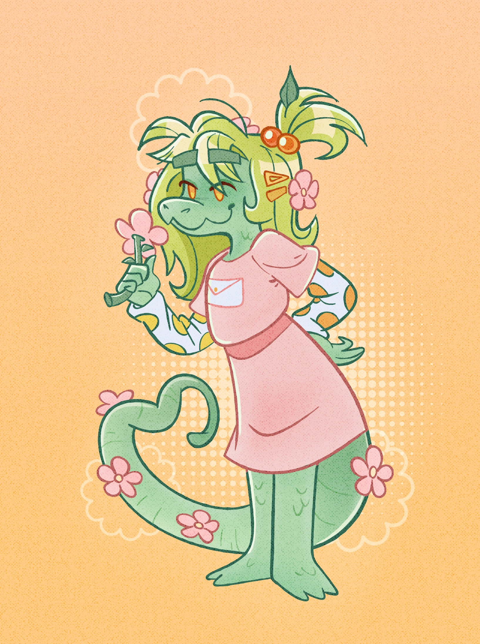 digital illustration of my OC, Zinni (original design by snailpaw/lyle, adopted by me) she's a green gator-like reptile with messy yellow-blonde hair and a pink dress.