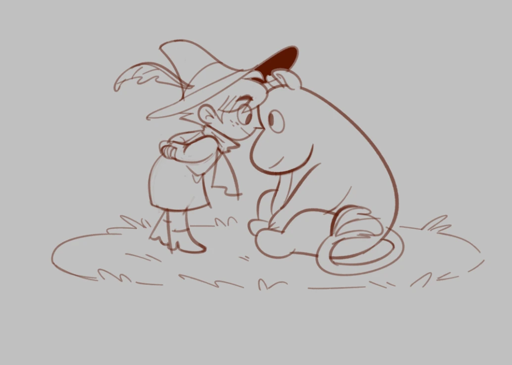 digital sketch of snufkin and moomintroll. Snufkin is leaning his face into moomintroll's.