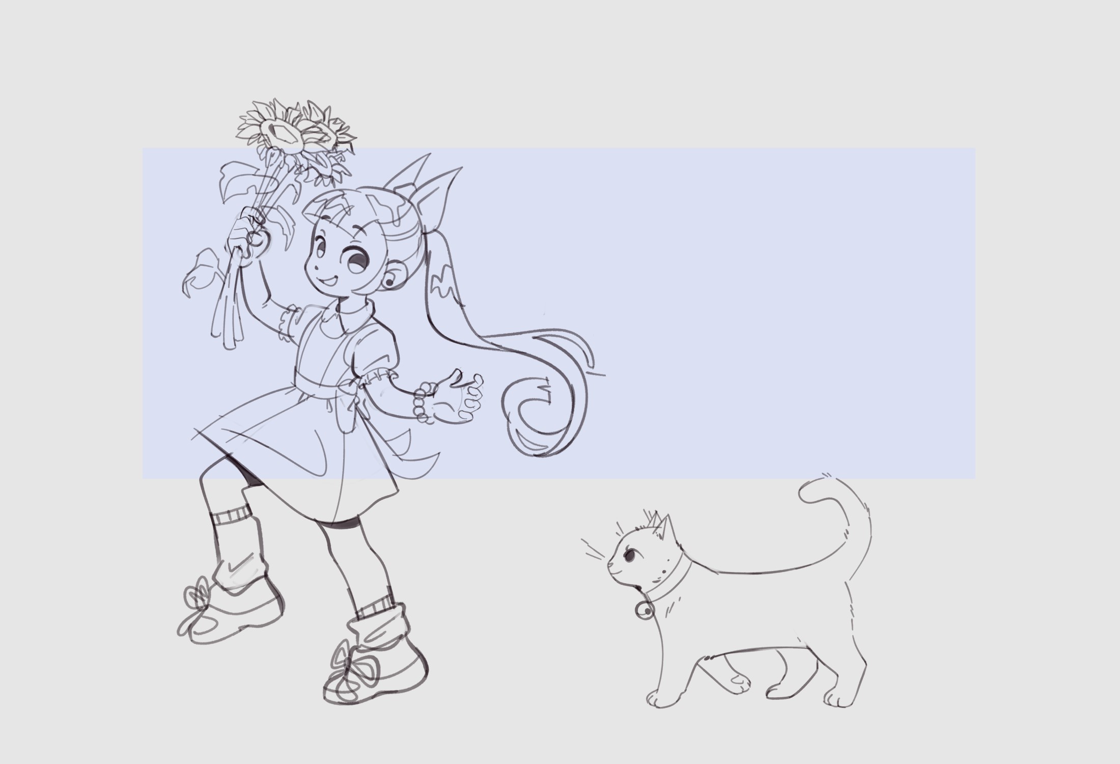 digital sketch for my finished piece 'sunflower'. Features a girl holding sunflowers and skipping along with her cat.
